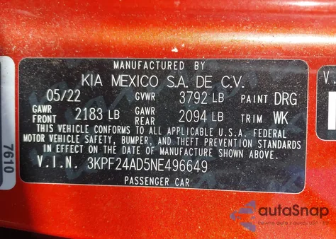 2022 Kia Forte Lxs z USA, uszkodzony, nr VIN 3KPF24AD5NE496649